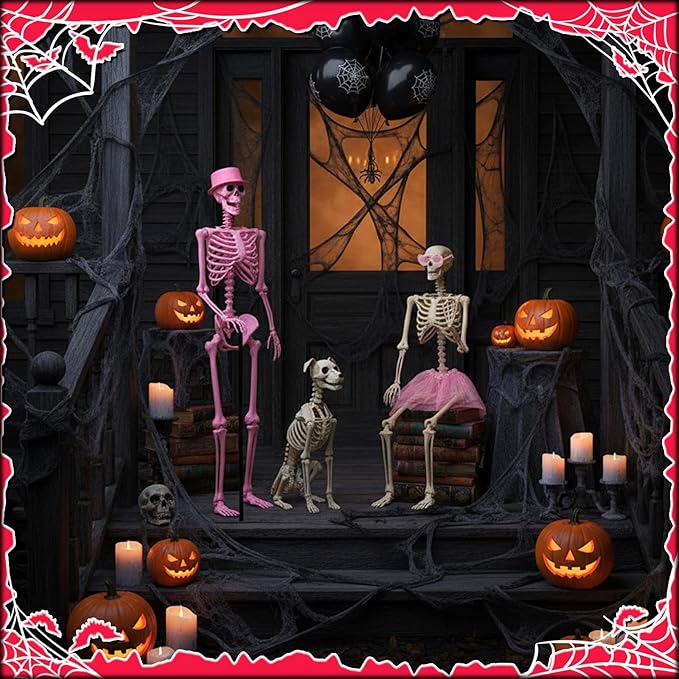 Tellingyou 6 Pcs Halloween Skeleton Decorations, Include 2 Pcs 5.4 ft Pink White Posable Life Size Skeletons, 1 Cane, 1 Tulle Skirt, 1 Hat, 1 Pink Glasses for Halloween Graveyard Haunted Decor