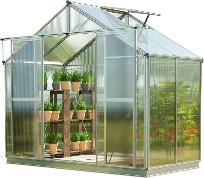 Greenhouse Topas 2 Aluminum Frame 7.4 x 4.4 ft Approx. 6 mm Polycarbonate Panels - with Bonus Base Frame and Automatic Vent Opener