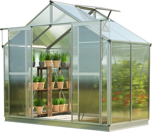 Greenhouse Topas 2 Aluminum Frame 7.4 x 4.4 ft Approx. 6 mm Polycarbonate Panels - with Bonus Base Frame and Automatic Vent Opener