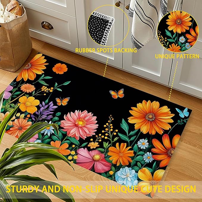 Colorful Flowers Welcome Mat Indoor,Spring Garden Wildflower Butterfly Front Door Mat,Non-Slip Entryway Rug, Low Profile Felt Indoor Doormat for Back Door Porch Patio Entrance,30 x 17 Inch