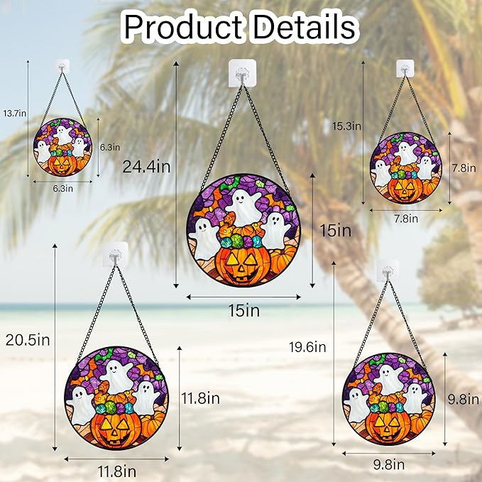 Stained Glass Window Hanging Halloween Horror Pumpkin White Ghost 7.8" - Suncatcher Door Garden Sunroom Gothic Style Sun Catcher Birthday for Friend Mom Men Woman Nana