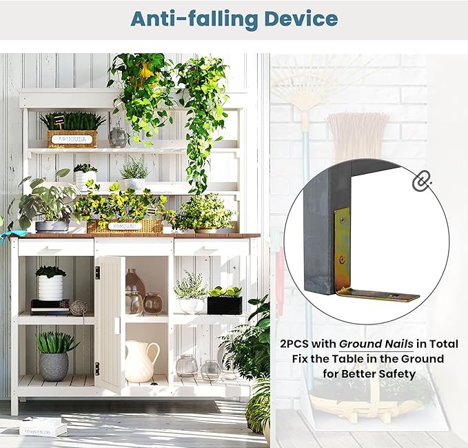 66" Outdoor Potting Bench Workstation - Farmhouse Style Wooden Garden Table with Drawers, Cabinet & Open Shelves (White + Solid Wood + naturalwood Color)