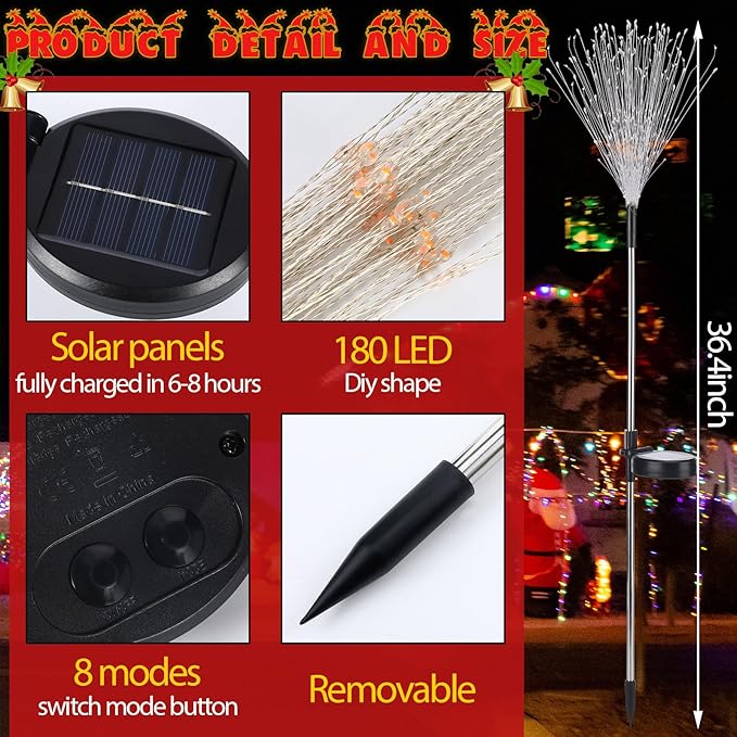 4 Pcs Christmas Solar Firework Stake Lights 180 LED 8 Modes Christmas Solar Lights Waterproof LED Sparkler Lights Outdoor Decoration for Xmas Holiday Garden Patio Yard Pathway Walkway