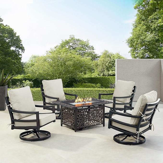 Oakland Living Black Aluminum Patio Fire Table Set with Four Club Chairs with Light Grey Cushions