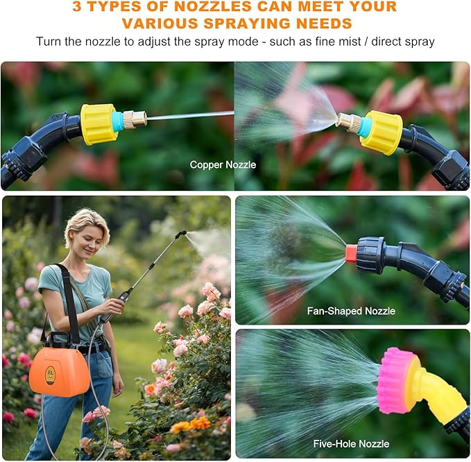 Battery Backpack Sprayer 2.1 Gallon, Rechargeable Sprayer with 3 Adjustable Nozzles, 1.5-3H Runtime, Adjustable Wand Leak-Proof & Chemical-Resistant Tank for Lawn, Garden & Farm Use (Orange)