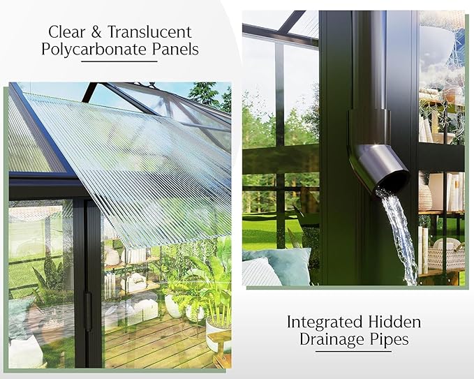 Jocisland 14x9.5x9 FT Outdoor Aluminum Greenhouse with Quick Connect Fittings, 6 FT Height Double Doors with Hook, Hybrid Polycarbonate Walk-in Greenhouse for Backyard, Black