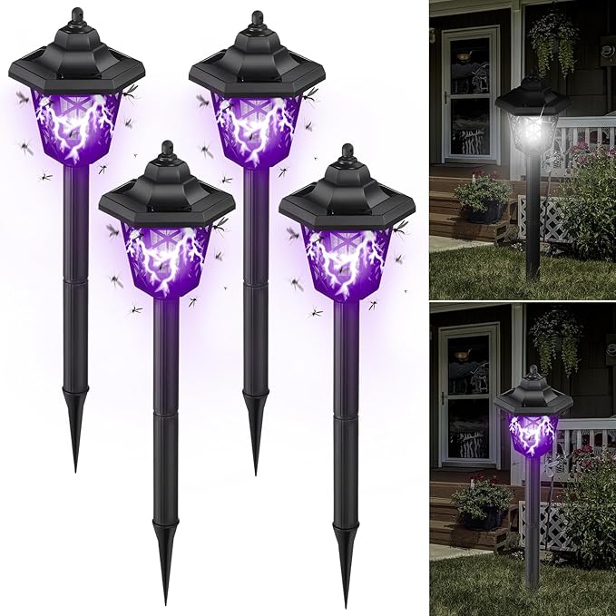 Qualirey 4 Pcs Solar Bug Zapper Outdoor Mosquito Repellent Mosquito Killer Lamp 2 in 1 LED Waterproof Zapper for Home Backyard Patio Garden Lawn Pathway Camping