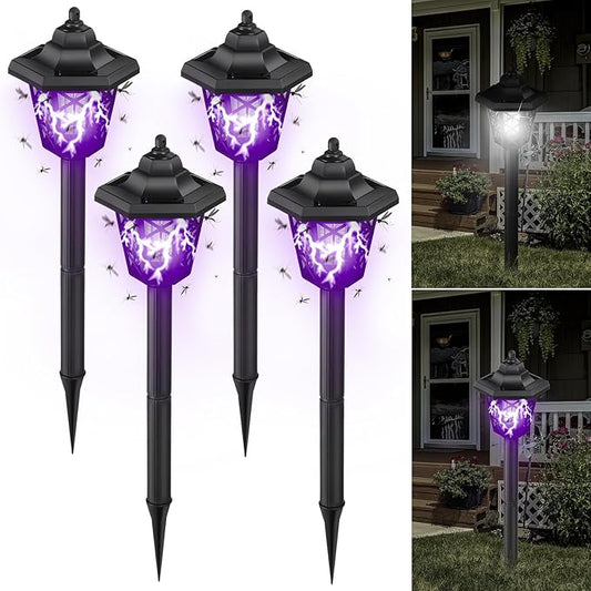 Qualirey 4 Pcs Solar Bug Zapper Outdoor Mosquito Repellent Mosquito Killer Lamp 2 in 1 LED Waterproof Zapper for Home Backyard Patio Garden Lawn Pathway Camping