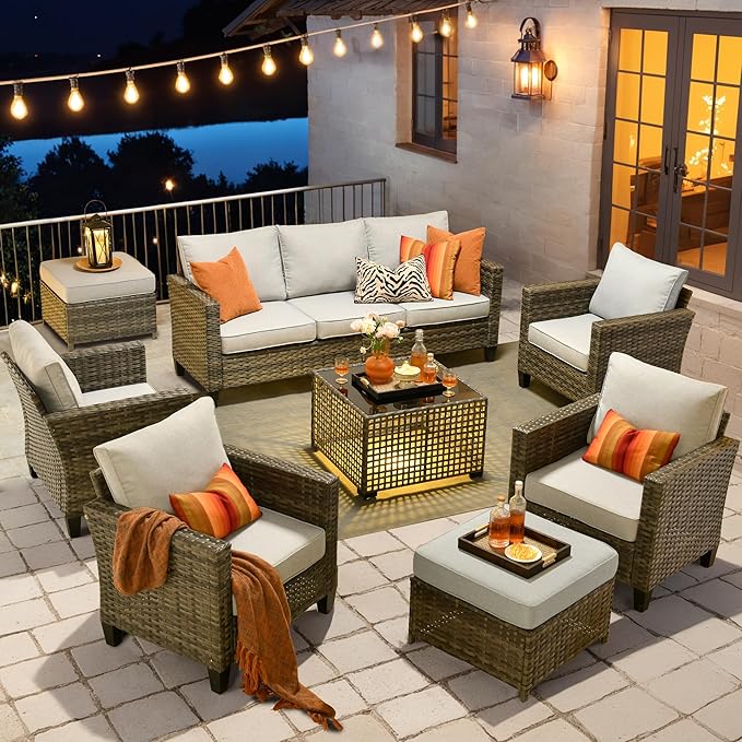 HOOOWOOO Outdoor Patio Furniture Set,8 Pieces Wicker Conversation Set,All Weather Couch Set with Solar Light Table Ottoman Chairs 9 Seaters for Out Door Yard(Light Gray)