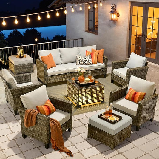 HOOOWOOO Outdoor Patio Furniture Set,8 Pieces Wicker Conversation Set,All Weather Couch Set with Solar Light Table Ottoman Chairs 9 Seaters for Out Door Yard(Light Gray)