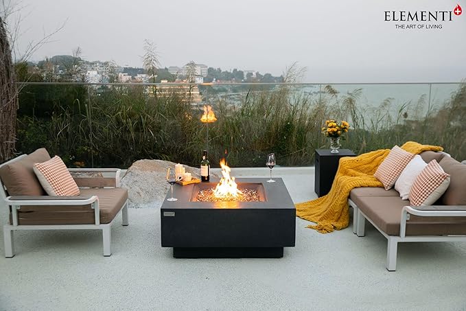 Elementi+ | Bergen Gas Fire Pit Cast Concrete 40" Square Fire Table, Outdoor Fire Pit Electronic Ignition | Canvas Cover, Fire Glass and Burner Lid Included | Dark Gray | Propane Gas