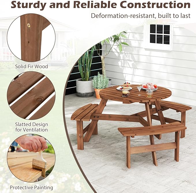 Giantex 6-Person Round Picnic Table Set with 3 Benches, 550 LBS Bench Capacity, 2" Umbrella Hole, Circular Outdoor Wood Dining Table & Chairs for Patio Yard Garden Porch Deck (68”x62”x28”,Brown)