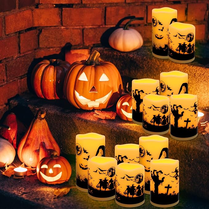 12-Pack Halloween-Flameless Led Pillar Candles，Remote Control and Timer Functions,