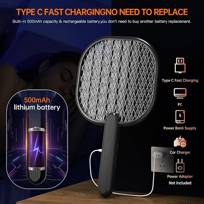 Electric Fly Swatter Bug Zapper Racket, 3500V Mosquito Killer with USB Rechargeable Flies Killer Pest Control Mosquito Zapper and Insect Catcher Racket for Indoor Home Backyard Patio Outdoor Camping