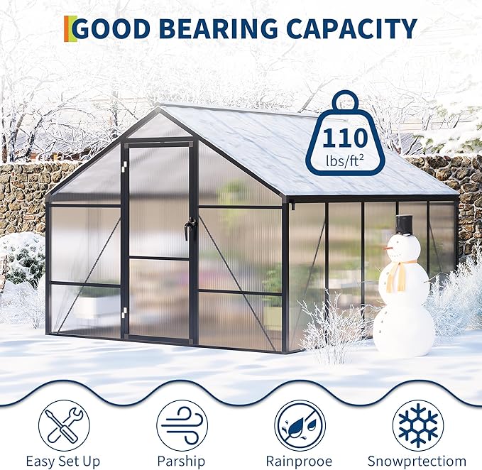 8x10 FT Greenhouse for Outdoors, Polycarbonate Flower Greenhouse with Roof Vent, Push-Pull Lockable Door, Aluminum Walk-in Greenhouses for Outside Garden Backyard, Patio, Lawn, Black