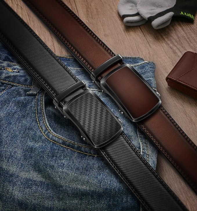 BULLIANT Men's Ratchet Belt 2 Pack-Click Leather Belt Adjustable for Men Gift 1 3/8-Cut for Perfect Fit