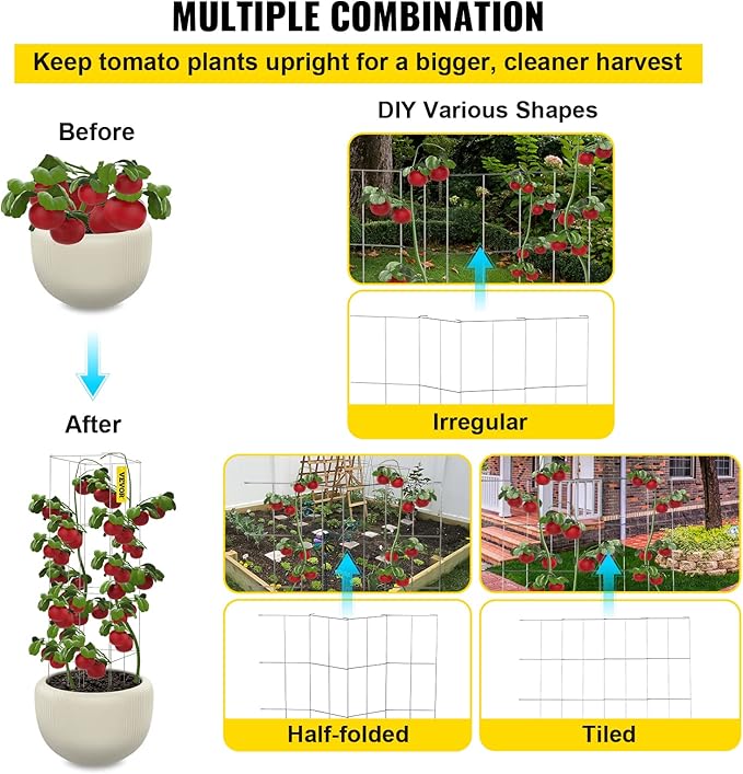 VEVOR Tomato Cages, 11.8" x 11.8" x 46.1", 5 Packs Square Plant Support Cages, Silver PVC-Coated Steel Tomato Towers for Climbing Vegetables, Plants, Flowers, Fruits