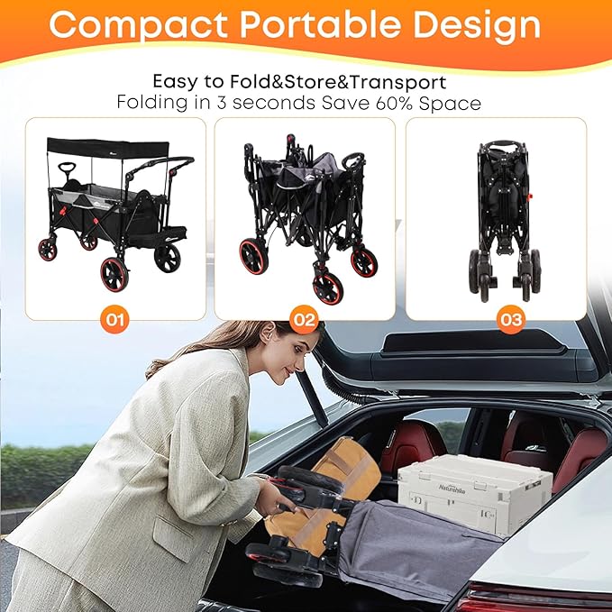 Collapsible Canopy Wagon, Foldable Wagon Stroller with 330LBS, Heavy Duty Cart with Shock-Absorbing Wheels, Adjustable Push Pulling Handles for Camping, Garden, Sports, Shopping, Black