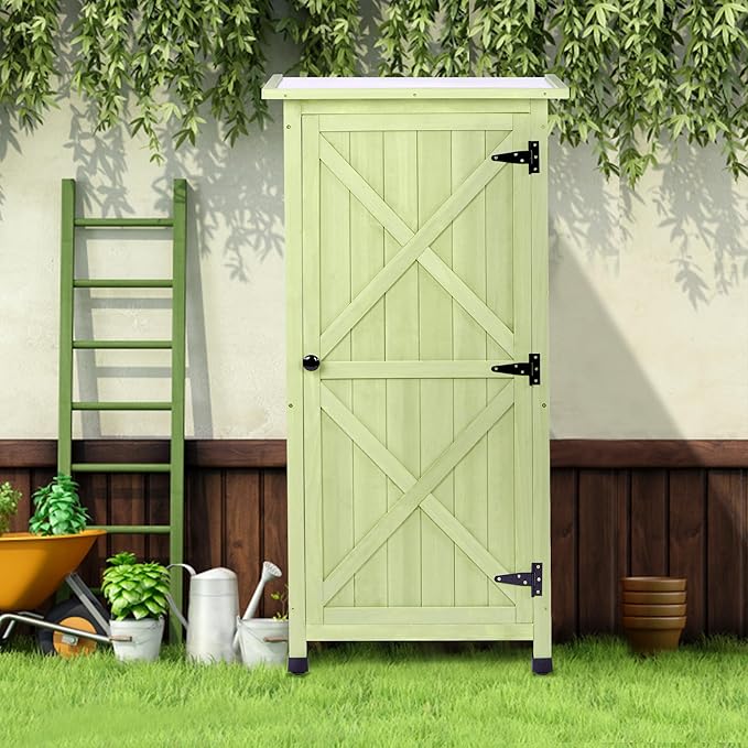 Wooden Outdoor Storage Cabinet, Vertical Garden Tool Shed with Waterproof Metal Roof & 2 Adjustable Shelves Ideal for Yard, Patio, Deck and Porch (Green, 20" x 24" x 48")