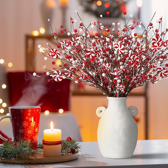 8 Pcs Christmas Candy Cane Decoration Xmas Tree Picks Ornaments, Red White Curly Pick and Spray with Artificial Berries Stem for Home Vase Filler Table Centerpiece Craft Xmas Tree Topper