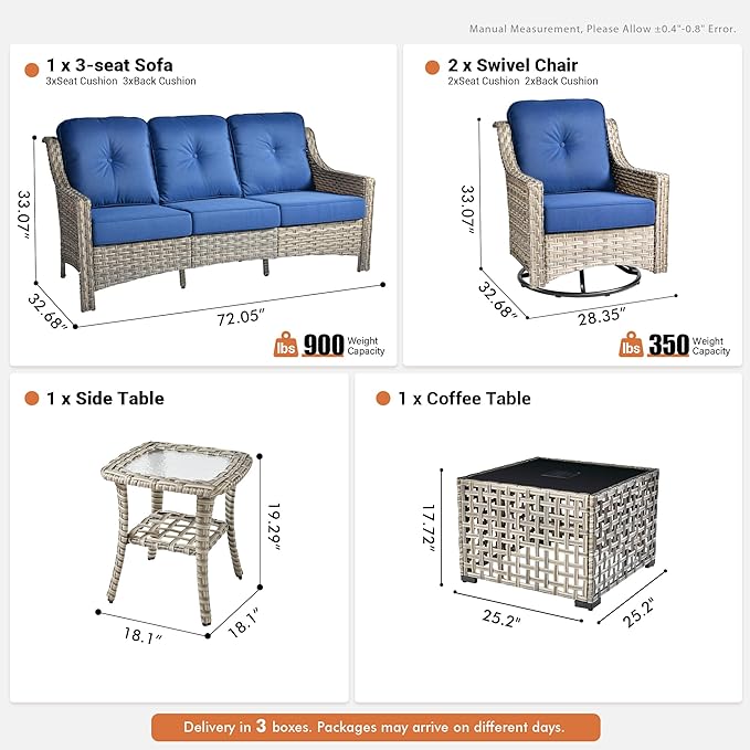5 Pieces Patio Outdoor Furniture Set with Swivel Rocking Chairs,All Weather Wicker Rattan Patio Seating Sofa and Chair Set w/Glowing Table,Outdoor Conversation Sets for Deck Yard Garden,Navy Blue