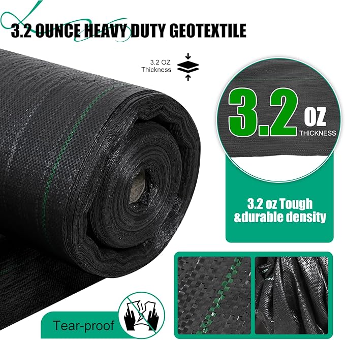 4ft x300ft Black Weed Barrier Landscape Fabric Heavy Duty 3.2OZ French Drain Fabric Ground Cover Weed Cloth for Erosion Control，Outdoor Gardening Weed Control Mat