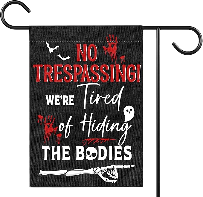No Trespassing Halloween Garden Flag for Outside, 12x18 Inch Double Sided Halloween Scary Skeleton Bats Yard Flag, Farmhouse Small Yard Flags for Outdoor Decorations, Holiday Decor Gifts-A12