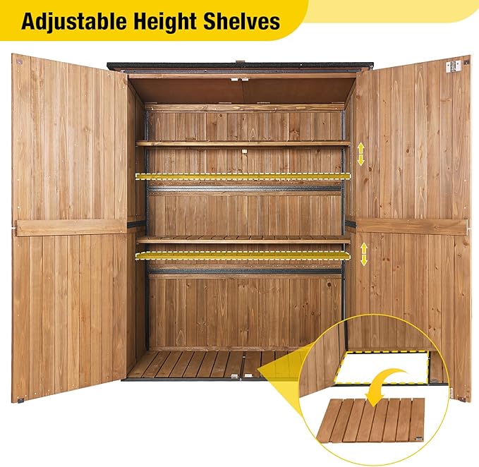 Aivituvin Outdoor Storage Shed with Floor, Garden Tool House with Metal Frame Structure, Large Wooden Cabinet with Adjustable Shelves for Backyard Garden Patio (Brown)