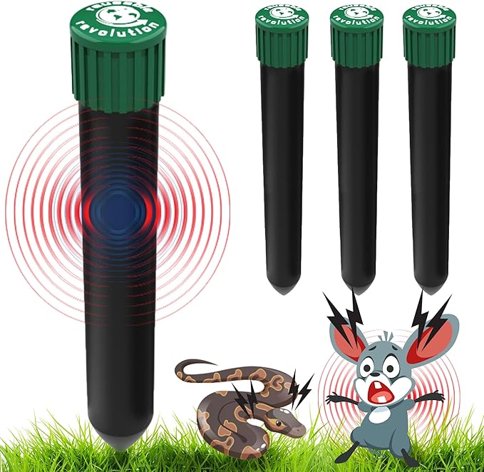 4 Pack Sonic Mole Chaser - Battery Operated Rodent Repeller Stake, Scares Away Moles, Voles, Gophers and Rats by Reusable Revolution (Green & Black)