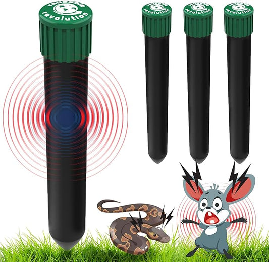 4 Pack Sonic Mole Chaser - Battery Operated Rodent Repeller Stake, Scares Away Moles, Voles, Gophers and Rats by Reusable Revolution (Green & Black)