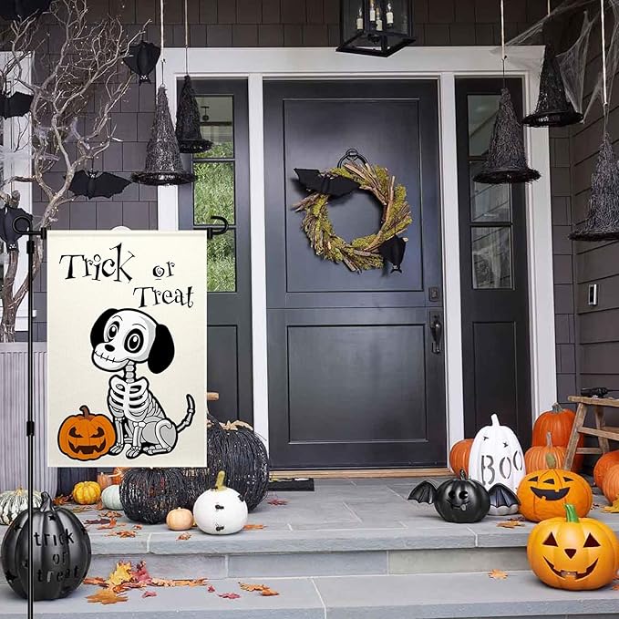 ChloropLastid Halloween Trick or Treat Garden Flag Ghost Dog 12x18 Inch Double Sided Skeleton Pumpkin Welcome Burlap Yard Flag Outside Decorations