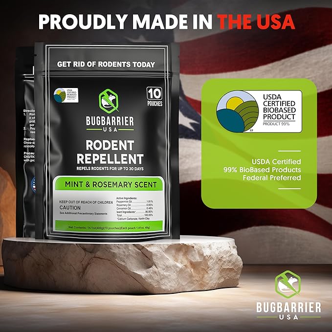 BugBarrier's Extra-Strength Mouse Repellent Deterrent Pouches, USDA 99% Biobased, Peppermint & Rosemary Oils Repel Mice Nesting in Car, RV, Boat, Garage, Shed, Cabin Made in The USA (Pack of 10)