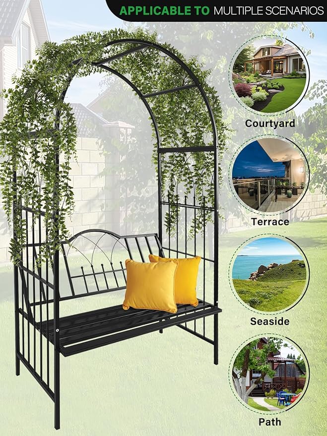 Kalolary Garden Arch with Bench, Heavy Duty Metal Garden Arbor for Climbing Plant & Bench Vines Climbing Support for Lawn Yard Patio Decor (81"x45")