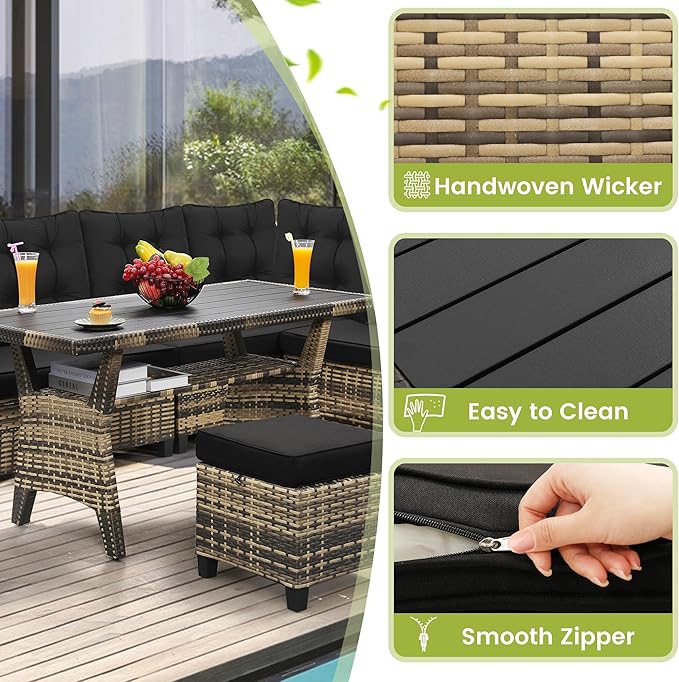 6-Piece Outdoor Patio Furniture Set - Sectional Sofa, Dining Table & Chairs Included, All-Weather Dining Set with Ottoman, Natural Wicker and Black Cushions