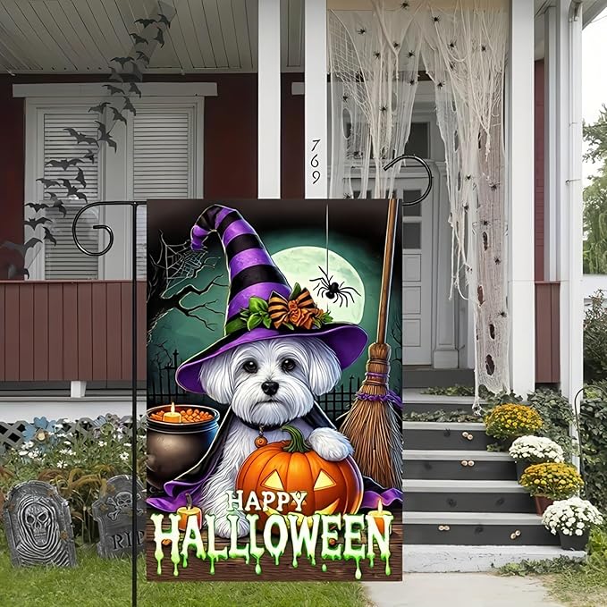Happy Halloween Garden Flag Double Sided 12x18 Flag Dog Pumpkin Halloween Flag Cute Schnauzer Puppy Pumpkin Spider Design Outdoor Decoration Holiday Display Lawn Yard Banner