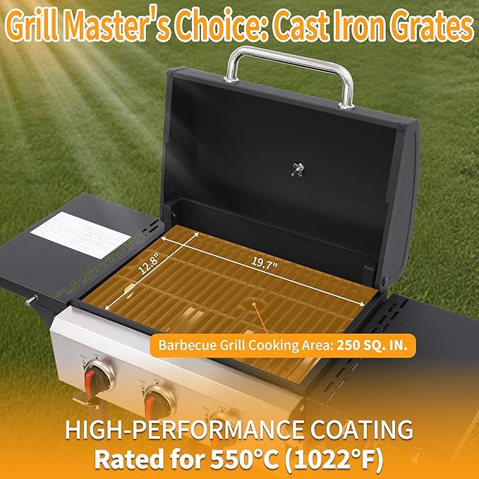 3-Burner Propane Gas Grill with Cast Iron Grates, 252 Sq. In. BBQ Grilling Space, Foldable Side Shelves for Portable Outdoor Patio Camping, Black