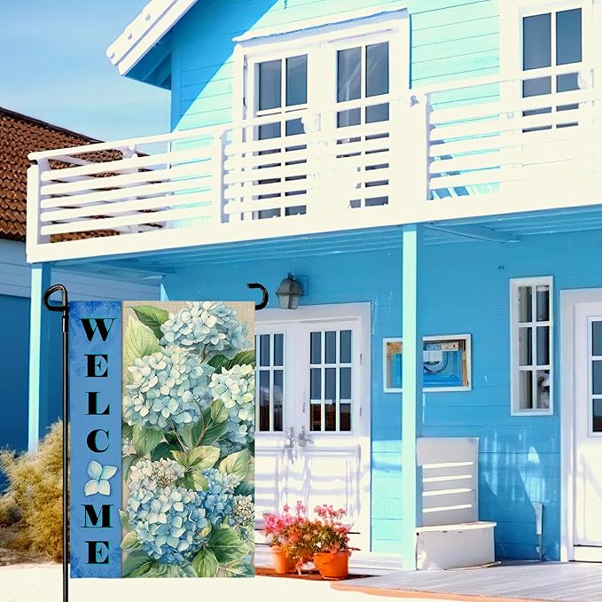 Hydrangea Garden Flags Welcome Spring Summer Yard Flag Waterproof Blue Floral Garden Flag for Outside Double Side Burlap Flowers House Banner Decor Standard Size 12×18 Inch