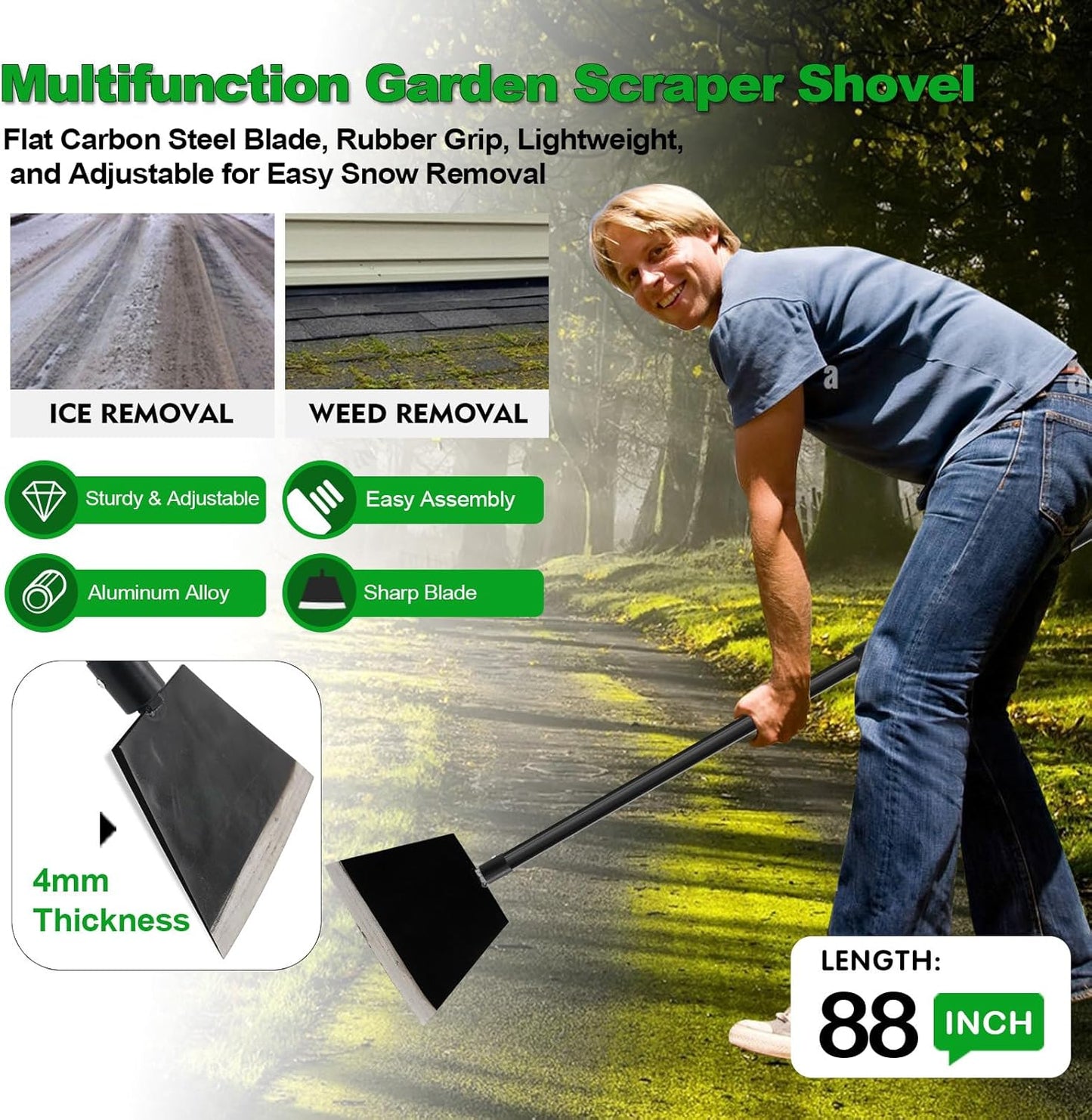 Floor Scraper, Garden Scraper Shovel, Cleaning Remove Tool With 88in Long Handle,Sturdy Tile Scraper for Ice, Tiles, Ceiling, Concrete, Tape, Glue - Heavy Duty Sharp Blade (4mm Thickness)