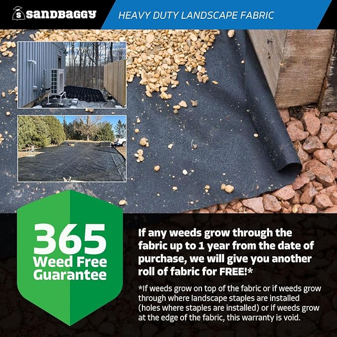 Sandbaggy 15 ft Heavy Duty Landscape Fabric | 50 Year Fabric | 6 oz Extra Thick Weed Barrier | Rock & Gravel Landscaping | UV Resistant | 365 Weed Free Guarantee (15 ft x 100 ft, 40, Count)