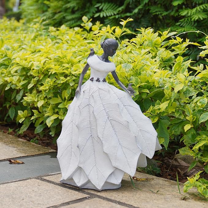 DiliComing Fairy Garden Accessories Outdoor Statue - 14.5 Inch Table Decor for Living Room Garden Maiden Bookshelf Decor Xmas Resin Holly Leaves Maiden White Statue