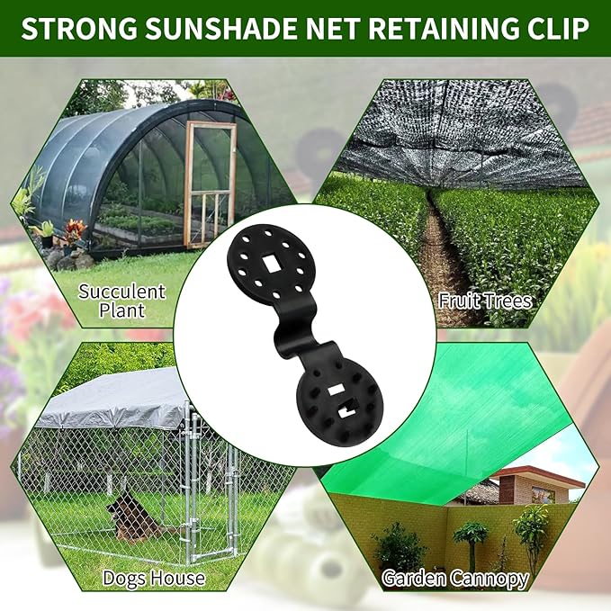 50PCS Shade Cloth Plastic Clips Heavy Duty Lock Grips with Rope, Round Plastic Black Clips Sunshade Net Fixing Clip, Shade Fabric Clips for Bird Netting, Garden Netting (50PCS+Nylon Rope)
