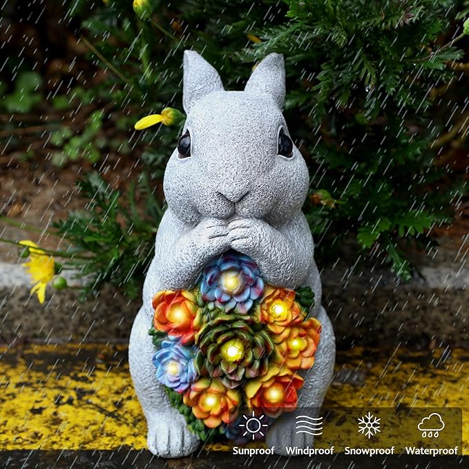 FORUP Easter Solar Garden Outdoor Statues, Bunny Statue with Succulent, Resin Figurine Garden Lawn Ornaments with 8 LED Lights, Rabbit Statue for Easter Outdoor Lawn Yard Garden Decorations
