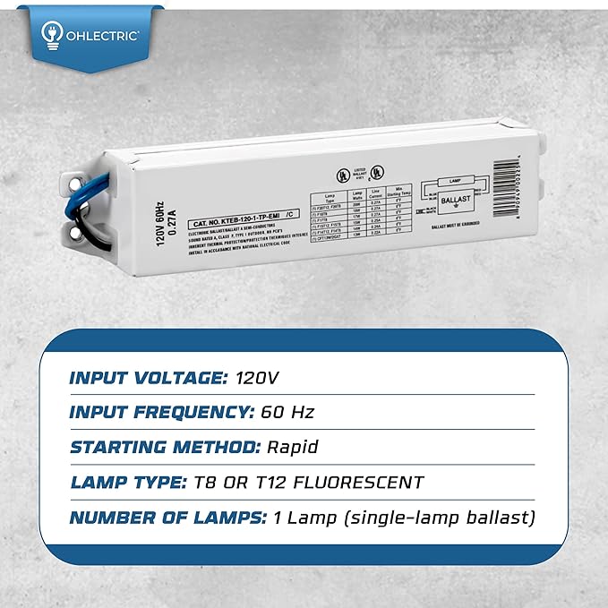 Replacement for Keystone KTEB-120-1-TP-EMI 1 Lamp T12 Electronic Fluorescent Ballast | 120V Input with Instant Start Operation | 0.90 Ballast Factor, UL-Approved