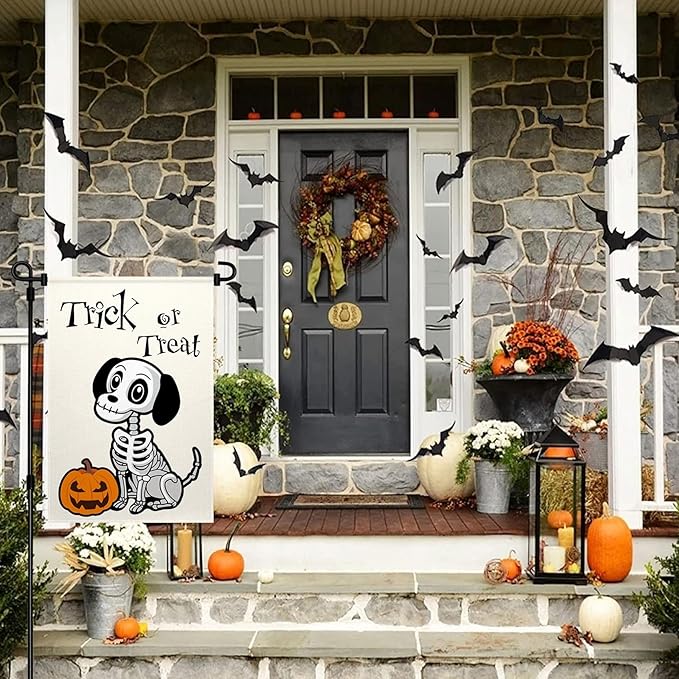 ChloropLastid Halloween Trick or Treat Garden Flag Ghost Dog 12x18 Inch Double Sided Skeleton Pumpkin Welcome Burlap Yard Flag Outside Decorations