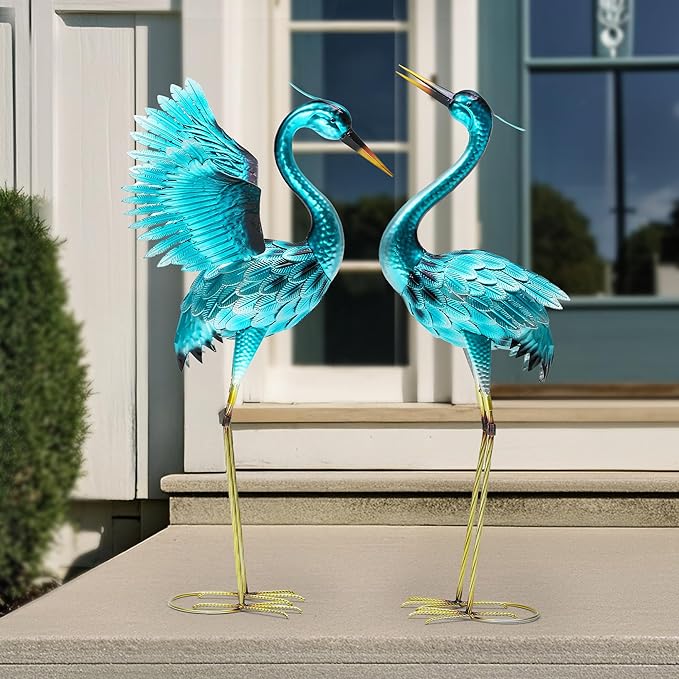 Autodaya 36.75" Metal Crane Garden Statue, Handcrafted Oversized Blue Heron Decor Sculptures with Stable U-Ground Stakes, Backyard Decoration, Metal Garden Bird Animal Yard Art, Lawn Ornament Decor