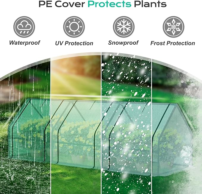 BPS 9x3x3 ft Mini Greenhouse with Green PE Cover UV-Protected Roll-Up Zipper Doors, Ideal for Indoor or Outdoor Use on Raised Garden Beds