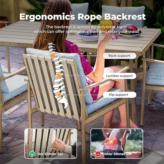 HAPPATIO 7-Piece Outdoor Dining Set for 6, Aluminum Patio Dining Set Includes 6 Dining Chairs and 1 Large Rectangular Table with Umbrella Hole, Patio Furniture Set for Lawn, Porch, Backyard, Brown