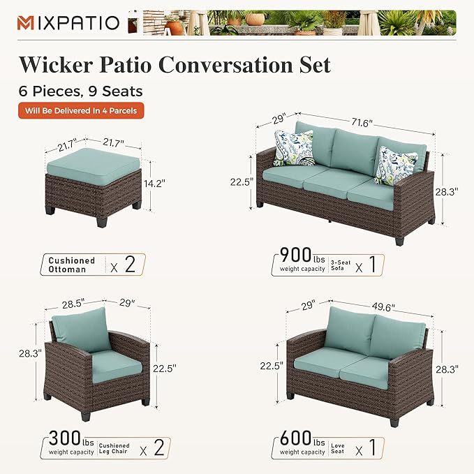 Patio Furniture Set, 6 Pcs Wicker Outdoor Conversation Set, 2 x Leg Chairs, 1 x 3 Seater Sofa, 1 x 2-Seat Lover Sofa and 2 x Ottomans with 4" Thick Cushion for Garden Backyard Deck, Blue