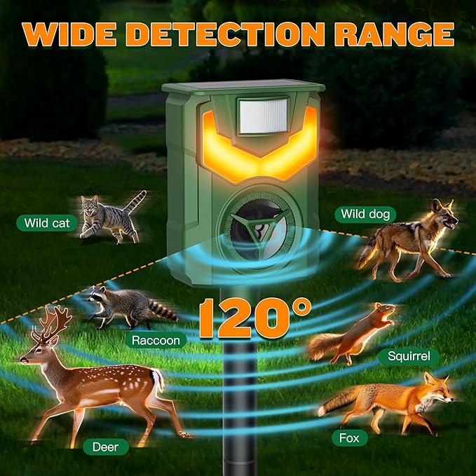2 Pack of X-PEST Solar-Powered Ultrasonic Animal Repellent for Outdoor Yard, Waterproof Cat Deterrent with LED Flashing Lights and Motion Sensor,Effective to Repel Cats, Coyotes, Raccoons, and Deer