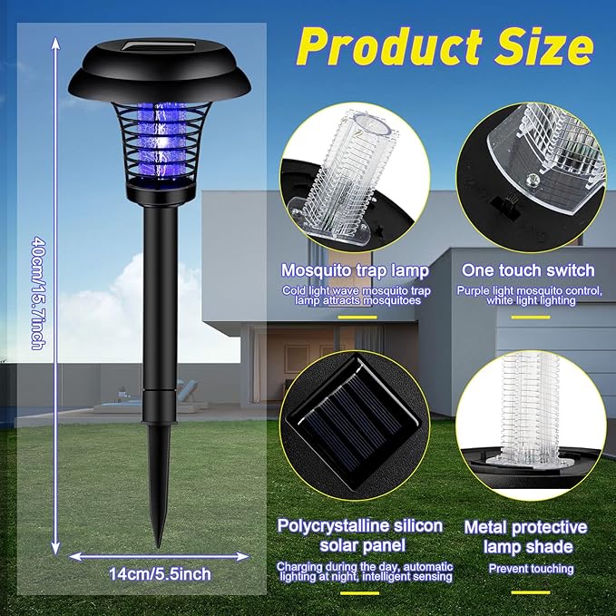Qualirey 4 Pcs Solar Bug Zapper Waterproof Outdoor Mosquito Zapper Killer and Lighting Repellent Lamp for Indoor Outdoor Use Garden Patio, Purple and White Light(Plastic,Black)